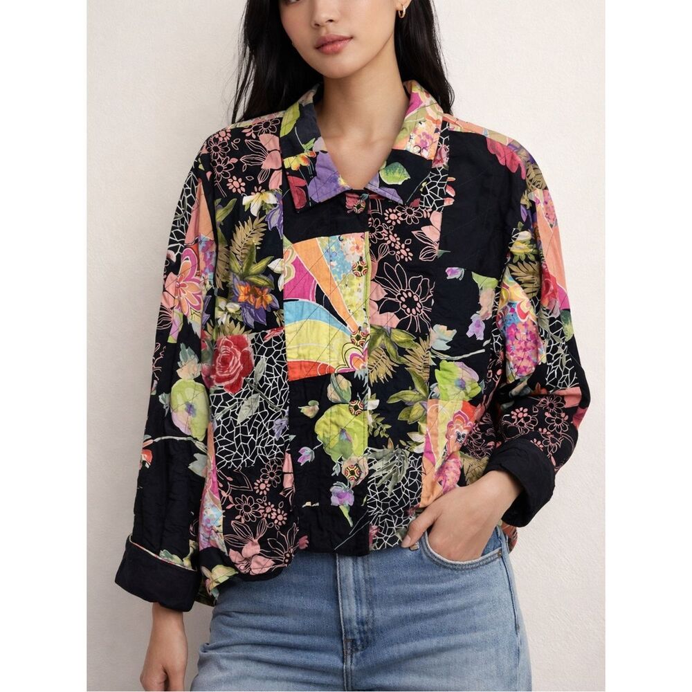 Casual Studio XL Rayon Patchwork Floral Black Button Front Jacket Shirt Vintage